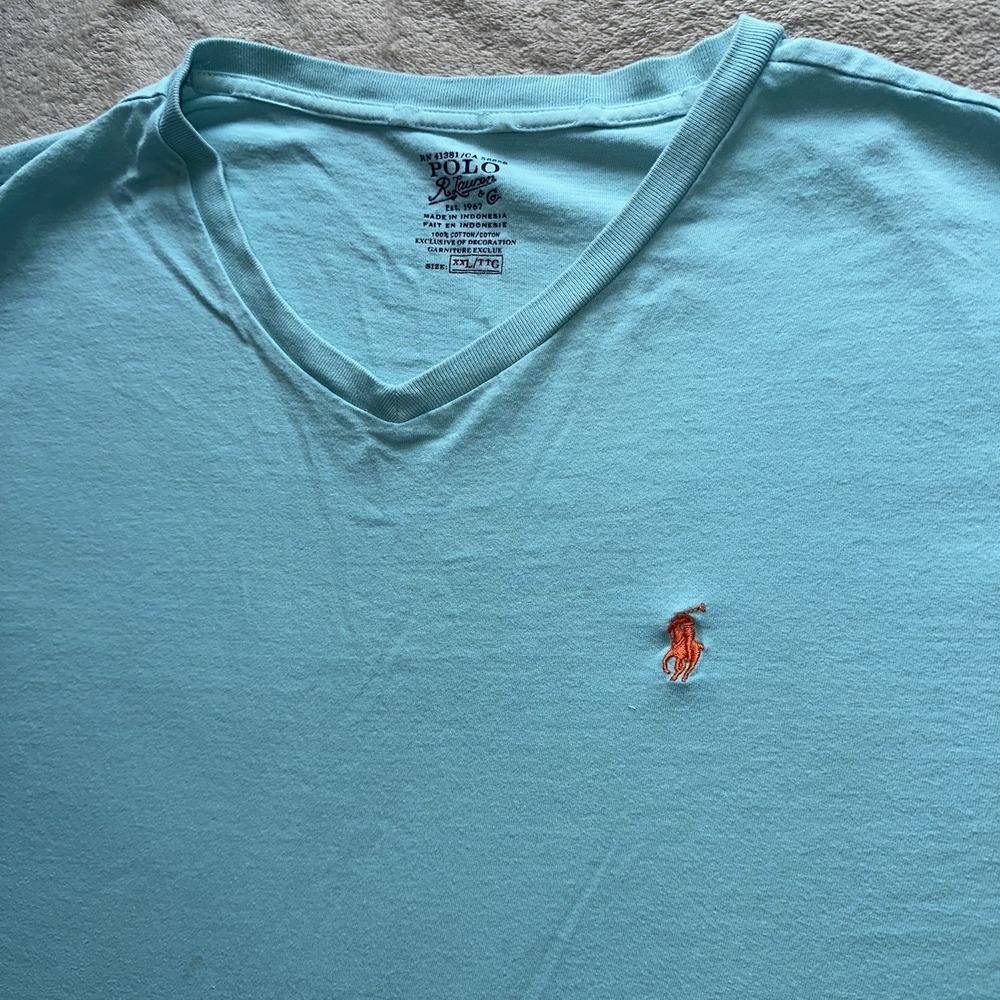 Polo Ralph Lauren Mens XXL Aqua Blue V-Neck Cotton T-Shirt 2XL Orange Pony Logo